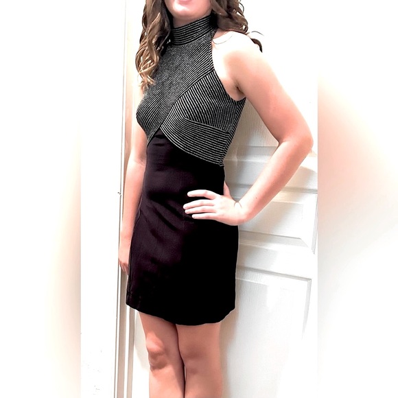 TADASHI Vtg 90s Mini Halter Dress Black/ Silver Pinstripe Crossed Bodice CL3 - Picture 5 of 9